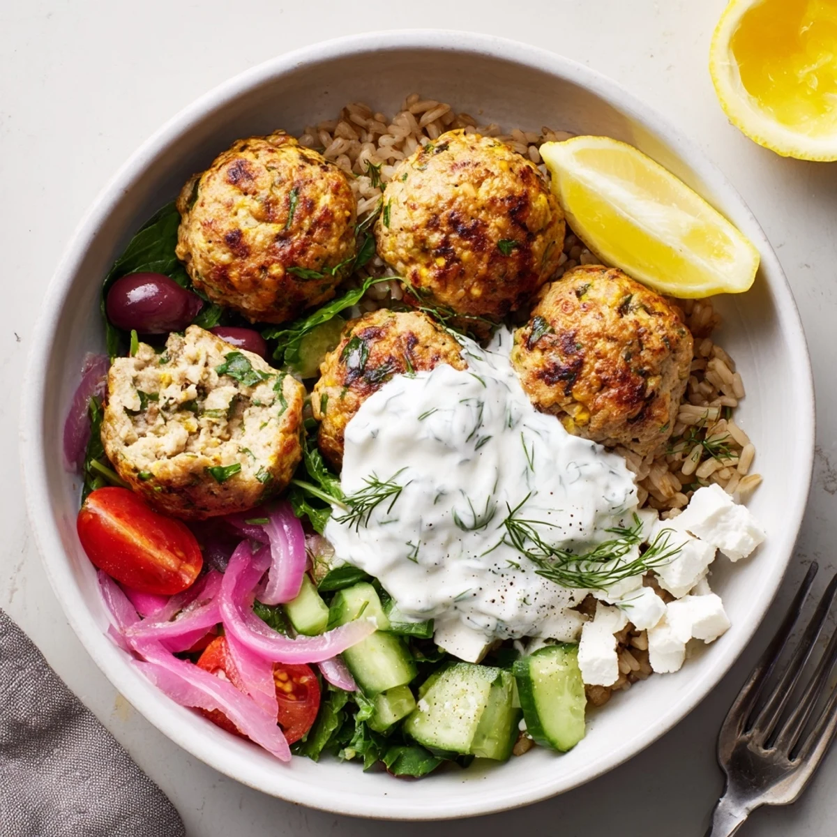 Aromatic lemon dressed Turkey Mediterranean Meatballs Bowl served over warm quinoa