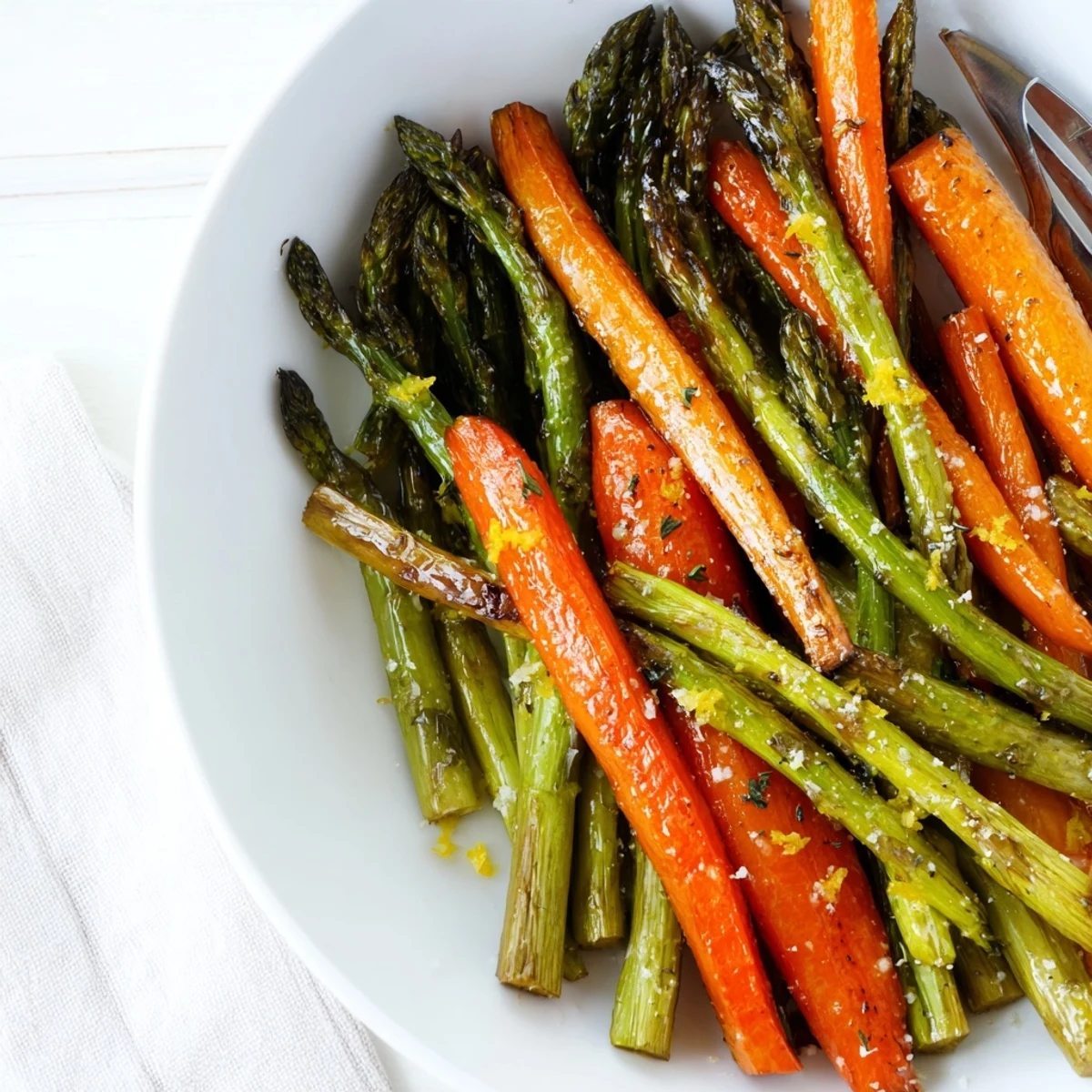 Roasted Asparagus Carrots glisten with lemon zest, tender, slightly charred, oven roasted.