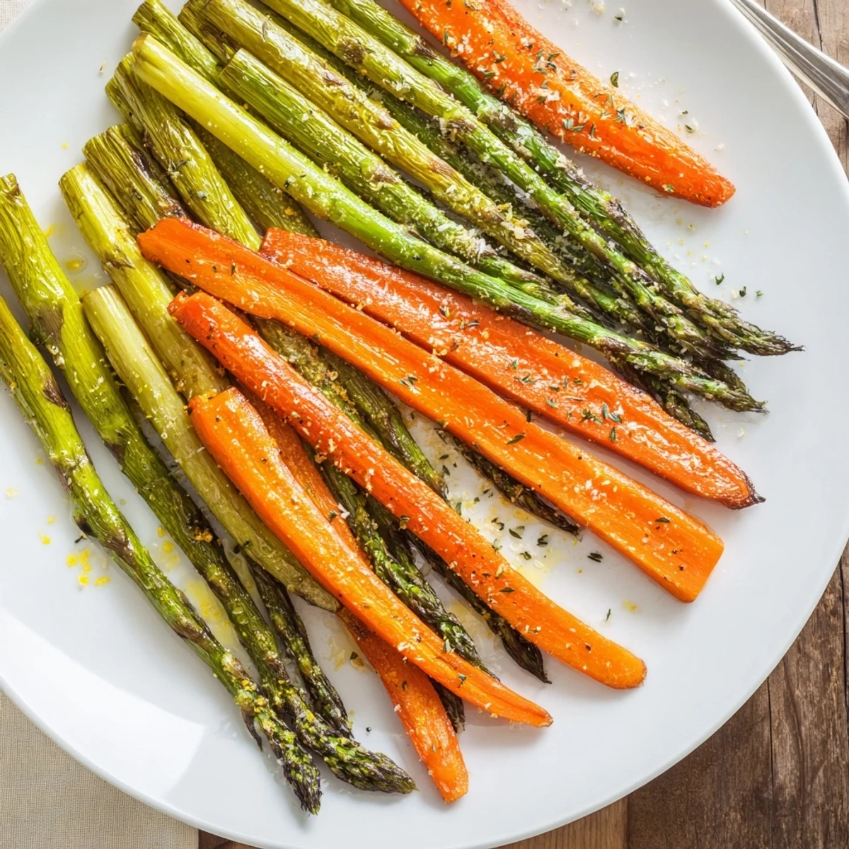 Plated Roasted Asparagus Carrots served warm beside roast chicken, bright lemon.