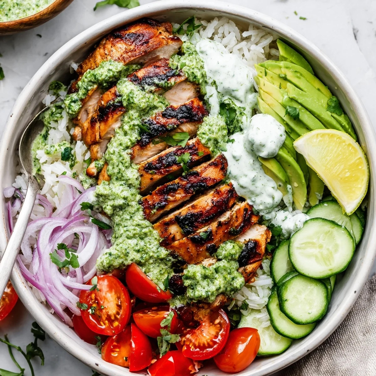 Chimichurri Grilled Chicken Bowl With Garlic Sauce over rice, avocado, charred chicken.