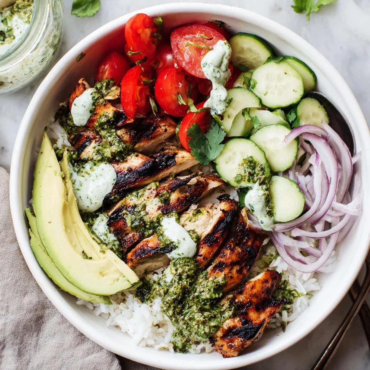 Sliced Chimichurri Grilled Chicken Bowl With Garlic Sauce drizzled, bright lime wedge.