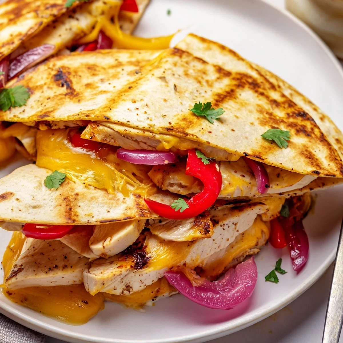 Spicy Crispy Grilled Chicken Quesadilla sliced into wedges, cheese oozing, charred edges