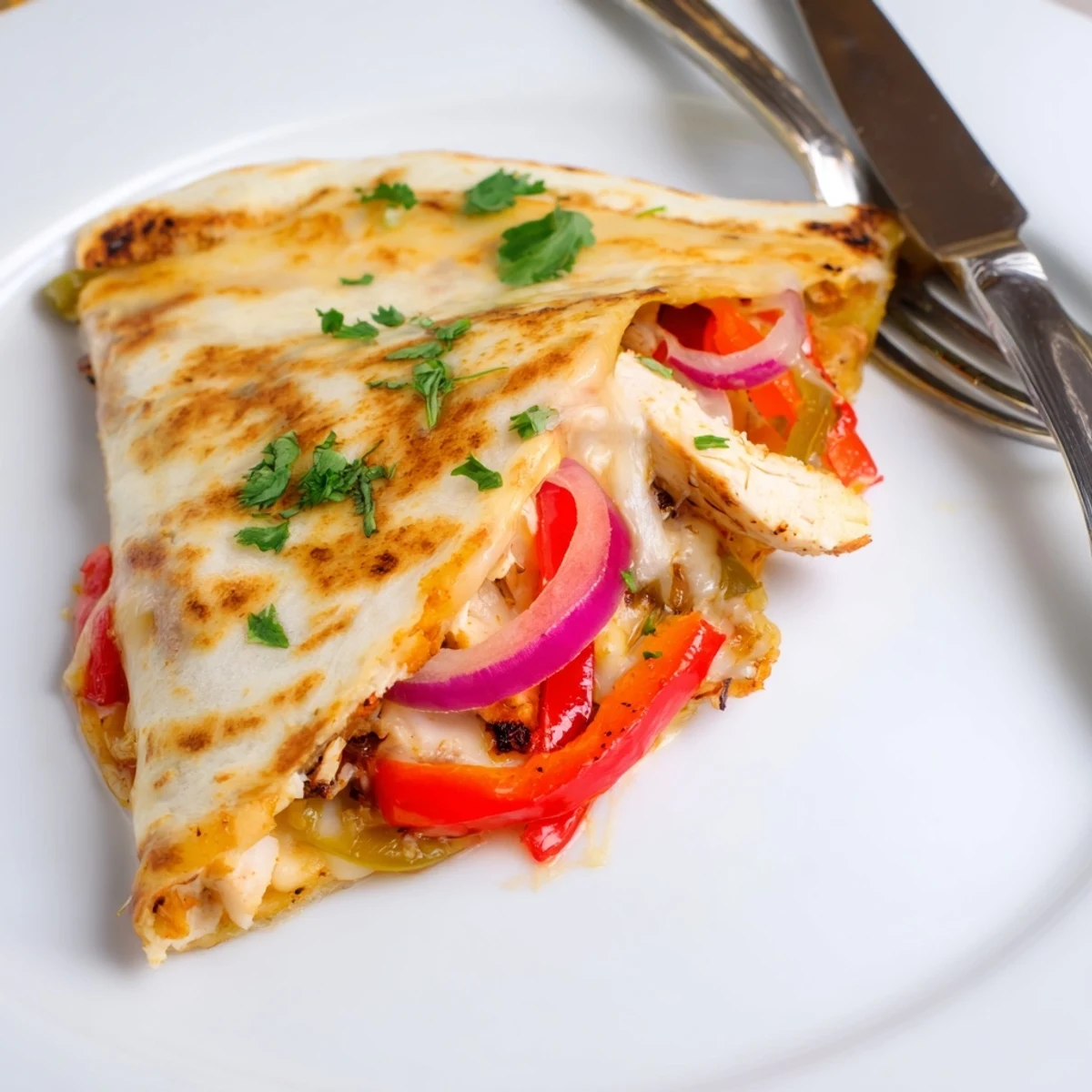 Warm Spicy Crispy Grilled Chicken Quesadilla on skillet, cilantro and salsa for dipping