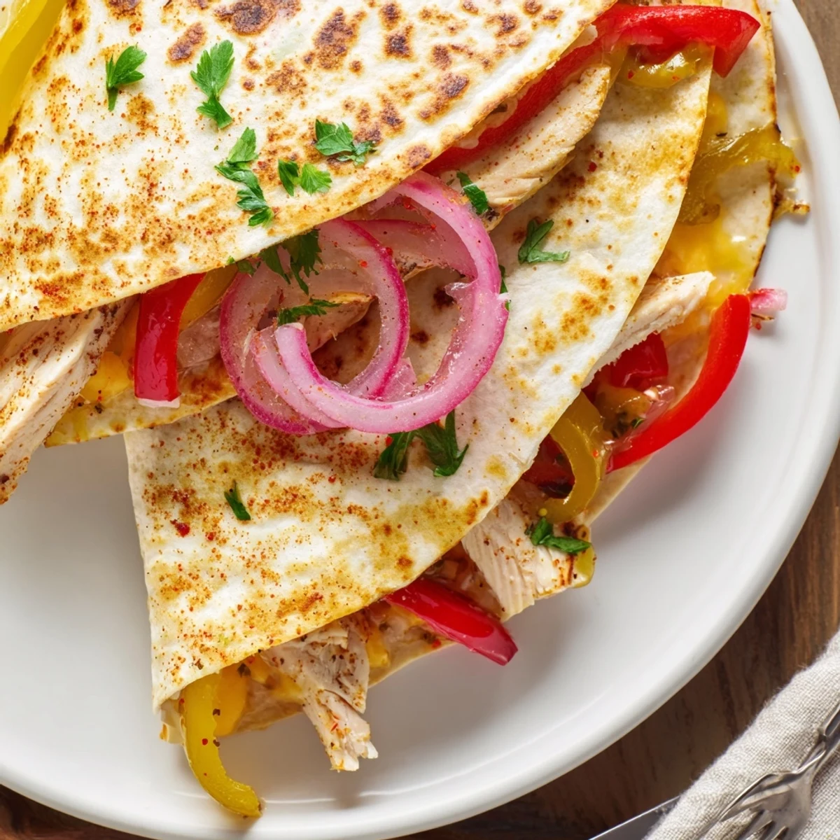 Golden Spicy Crispy Grilled Chicken Quesadilla crackling crust, juicy chicken, melty cheese, sour cream