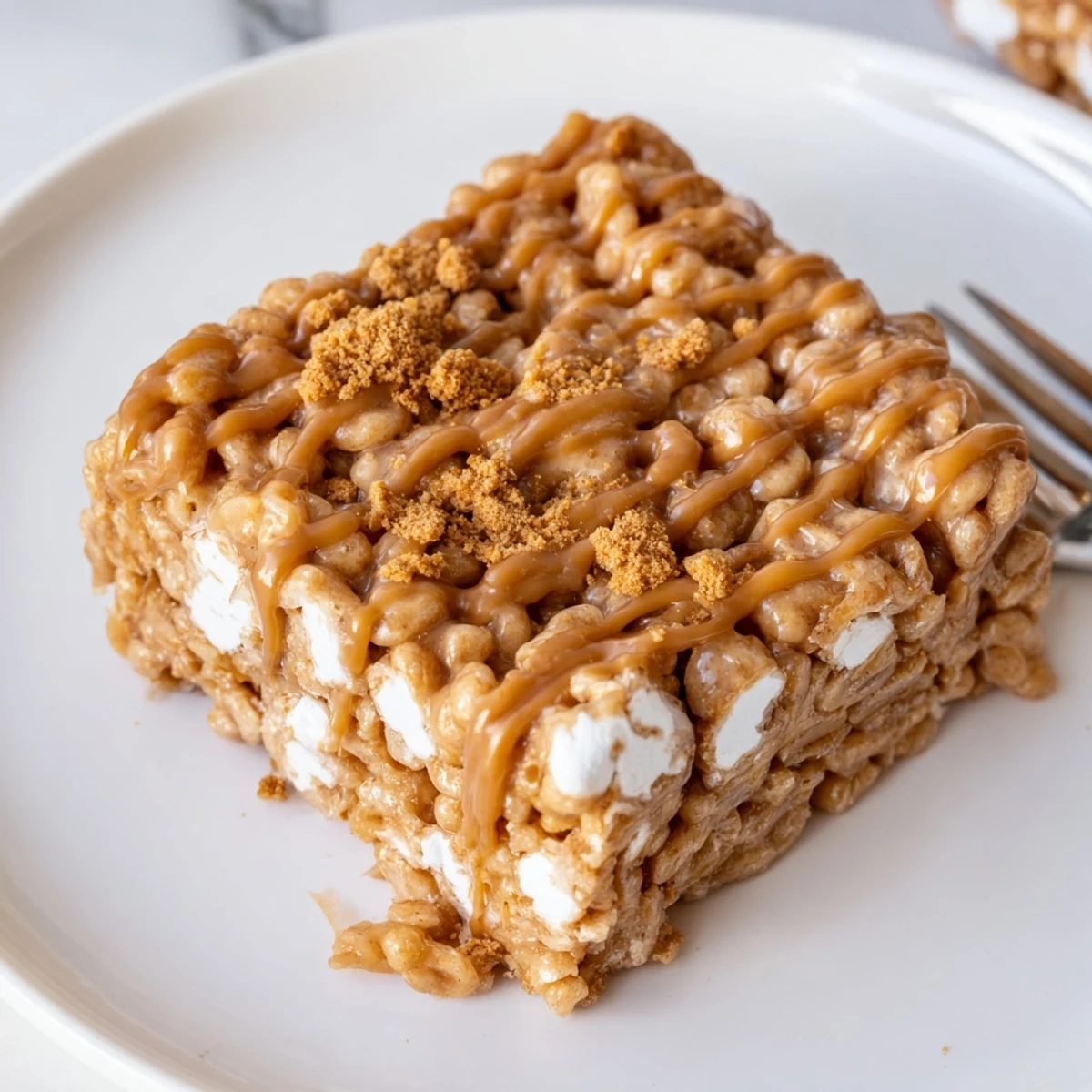 Biscoff Rice Krispie Treats glossy with melted spread, cooling on parchment  
