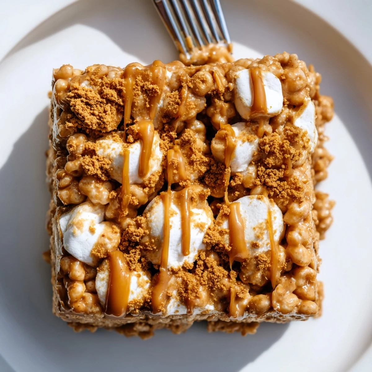 Chewy Biscoff Rice Krispie Treats drizzled with cookie crumbs, served with coffee  