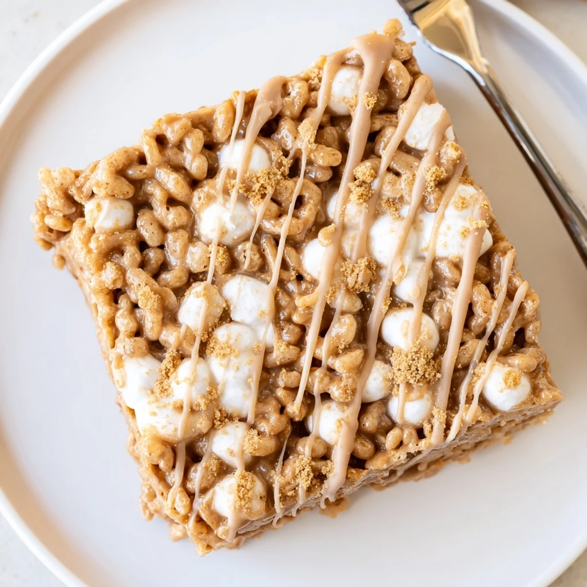 Hands pressing Biscoff Rice Krispie Treats into a greased 9x9 pan