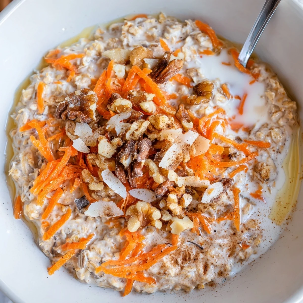 Creamy Carrot Cake Overnight Oats in a jar, shredded carrot and walnuts.