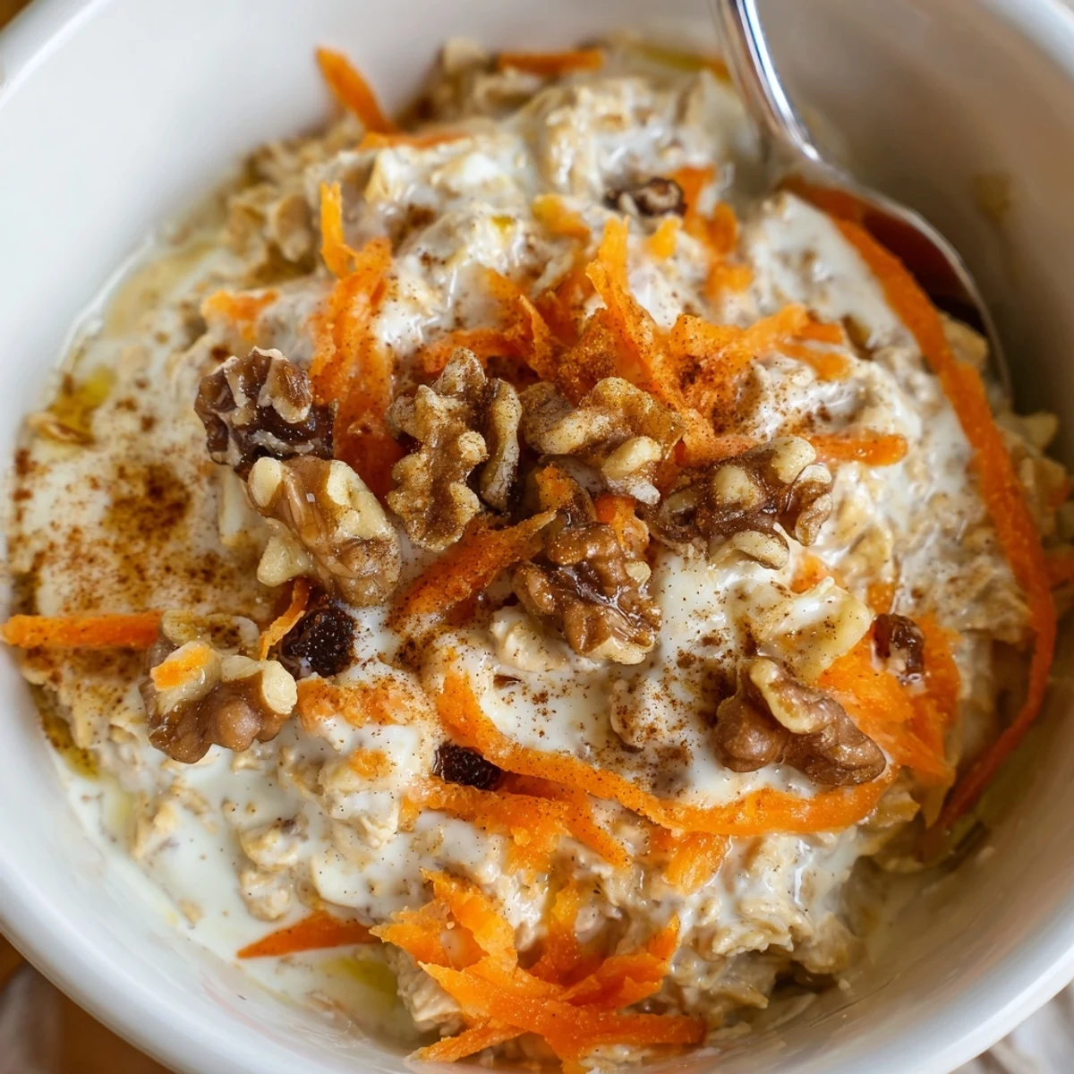 Chilled Carrot Cake Overnight Oats topped with maple drizzle and toasted pecans.