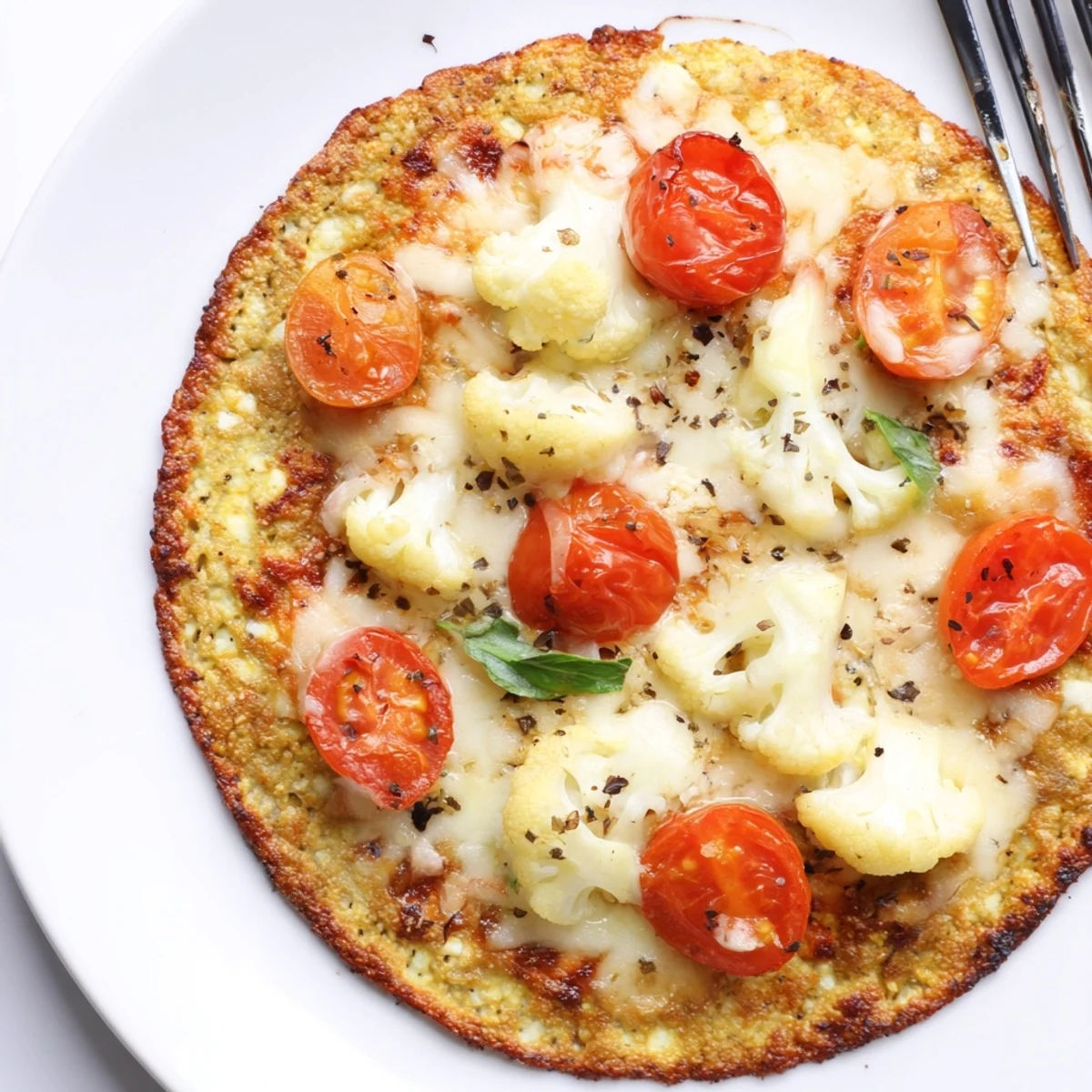 Stone Baked Cheesy Cauliflower Keto Pizza with bubbling golden cheese and basil