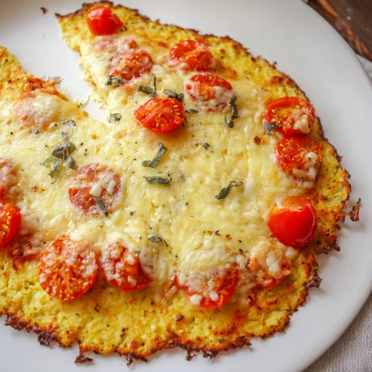 Crisp crust and aromatic sauce on Stone Baked Cheesy Cauliflower Keto Pizza