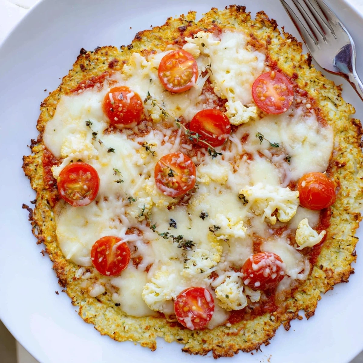 Sliced, gooey cheese and fresh basil top the Stone Baked Cheesy Cauliflower Keto Pizza