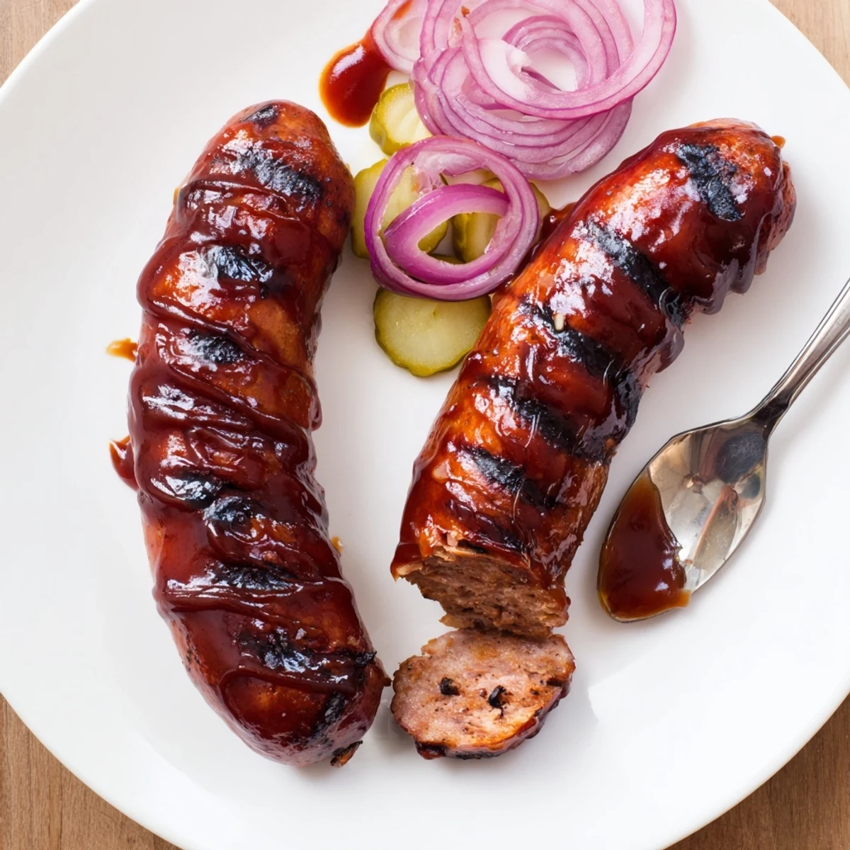 Smoky BBQ Sausage Recipe served in toasted buns with crisp coleslaw