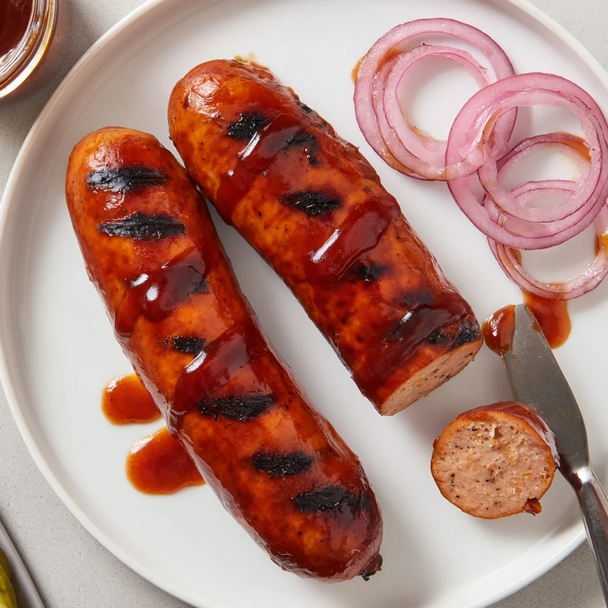 Family style BBQ Sausage Recipe sizzling on the grill, brushed golden brown