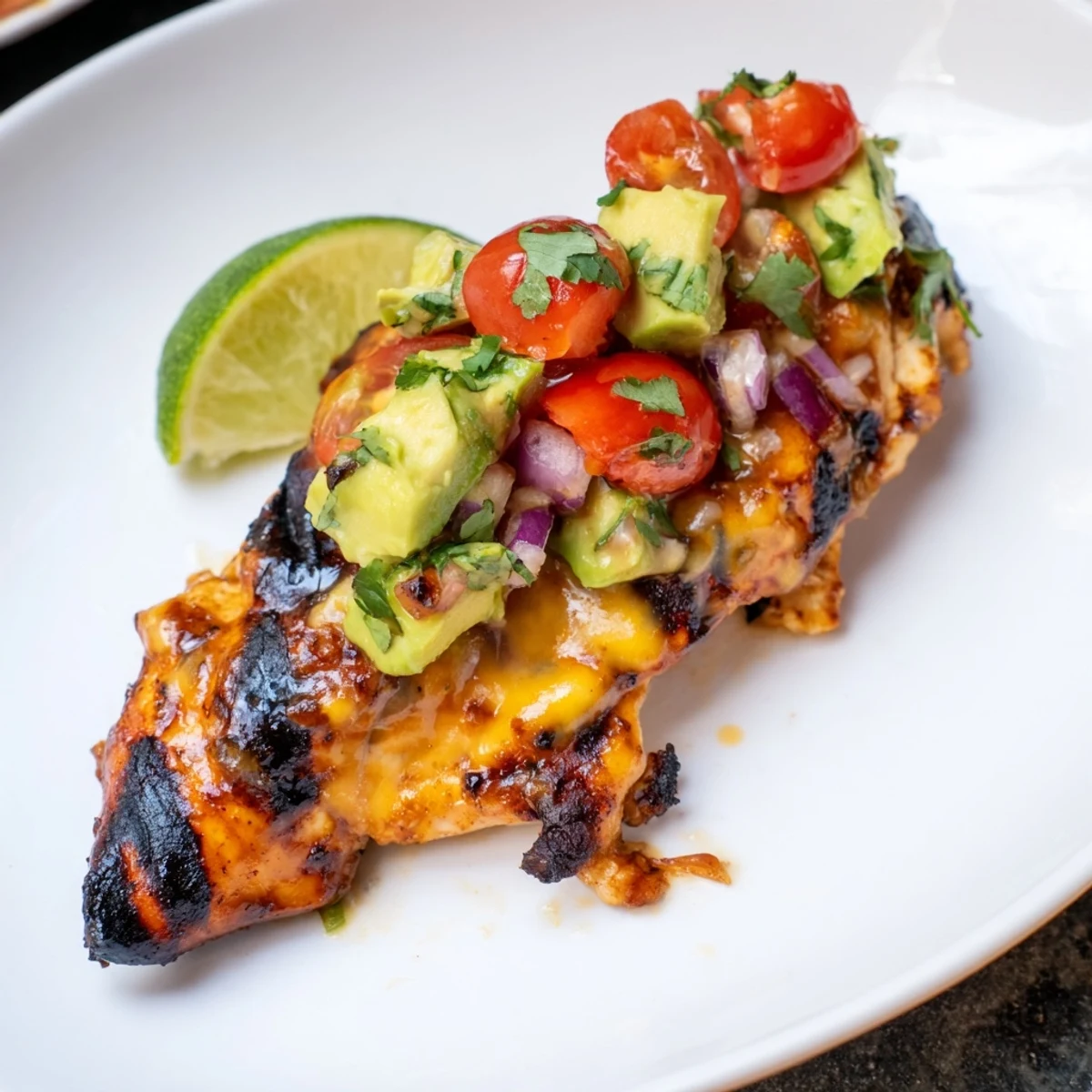 Grilled Fiesta Lime Chicken With Avocado resting on warm tortillas and lime