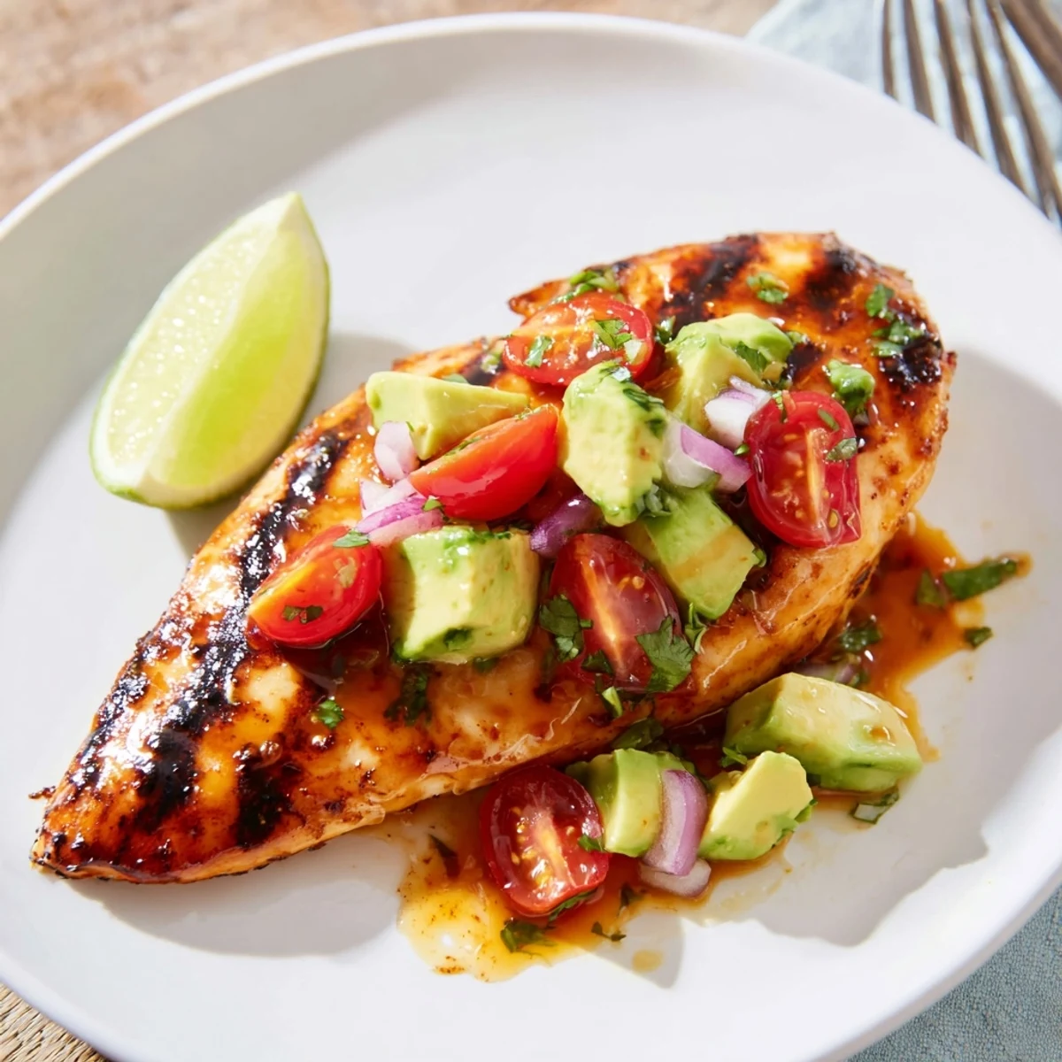 Zesty Fiesta Lime Chicken With Avocado glistening, topped with diced tomatoes and cilantro