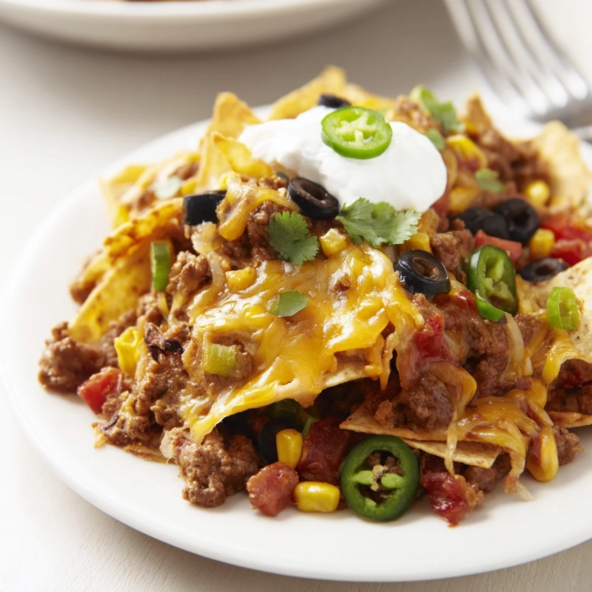 Slice of Cheesy Nacho Casserole steaming, topped with sour cream and cilantro