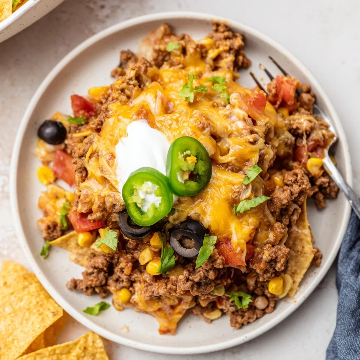 Cheesy Nacho Casserole bubbling golden with gooey cheese and crunchy tortilla chip layers