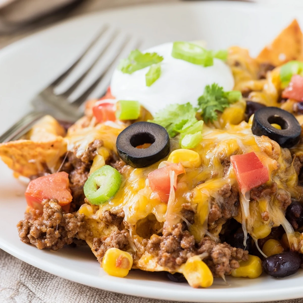 Cheesy Nacho Casserole ready for game night, stacked with beef, beans, spicy jalapeños
