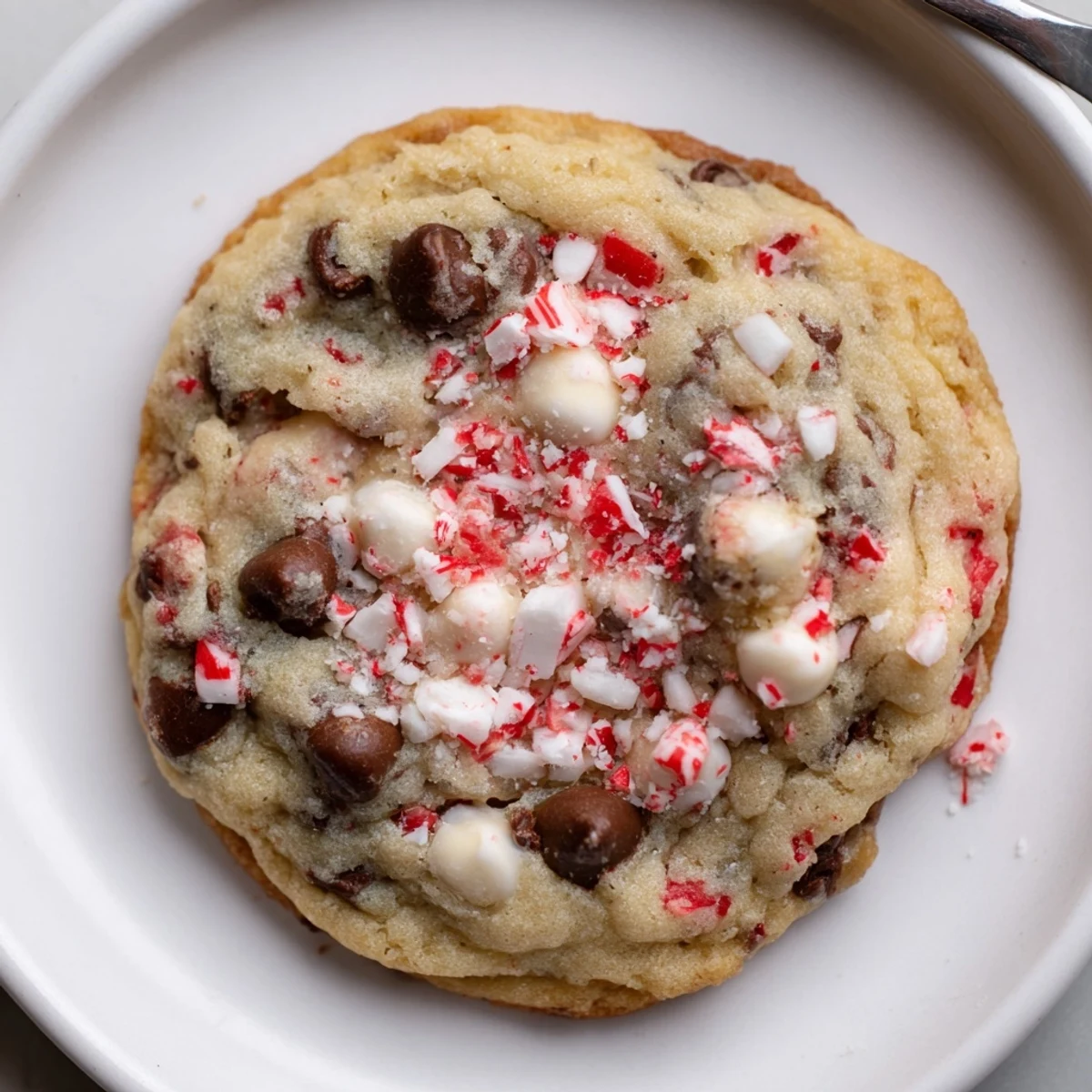 Warm Peppermint Chocolate Chip Cookies speckled with candy cane, served with milk  