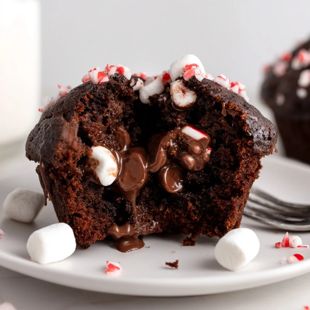 Peppermint Hot Chocolate Muffins steaming on a rack, chocolate chips glistening