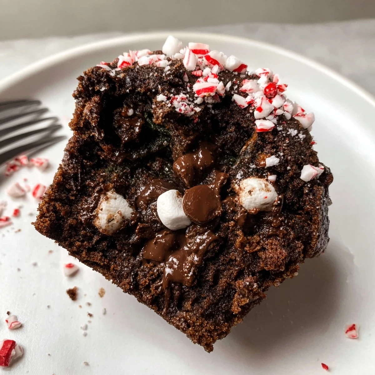 Warm Peppermint Hot Chocolate Muffins topped with marshmallows and crushed peppermint