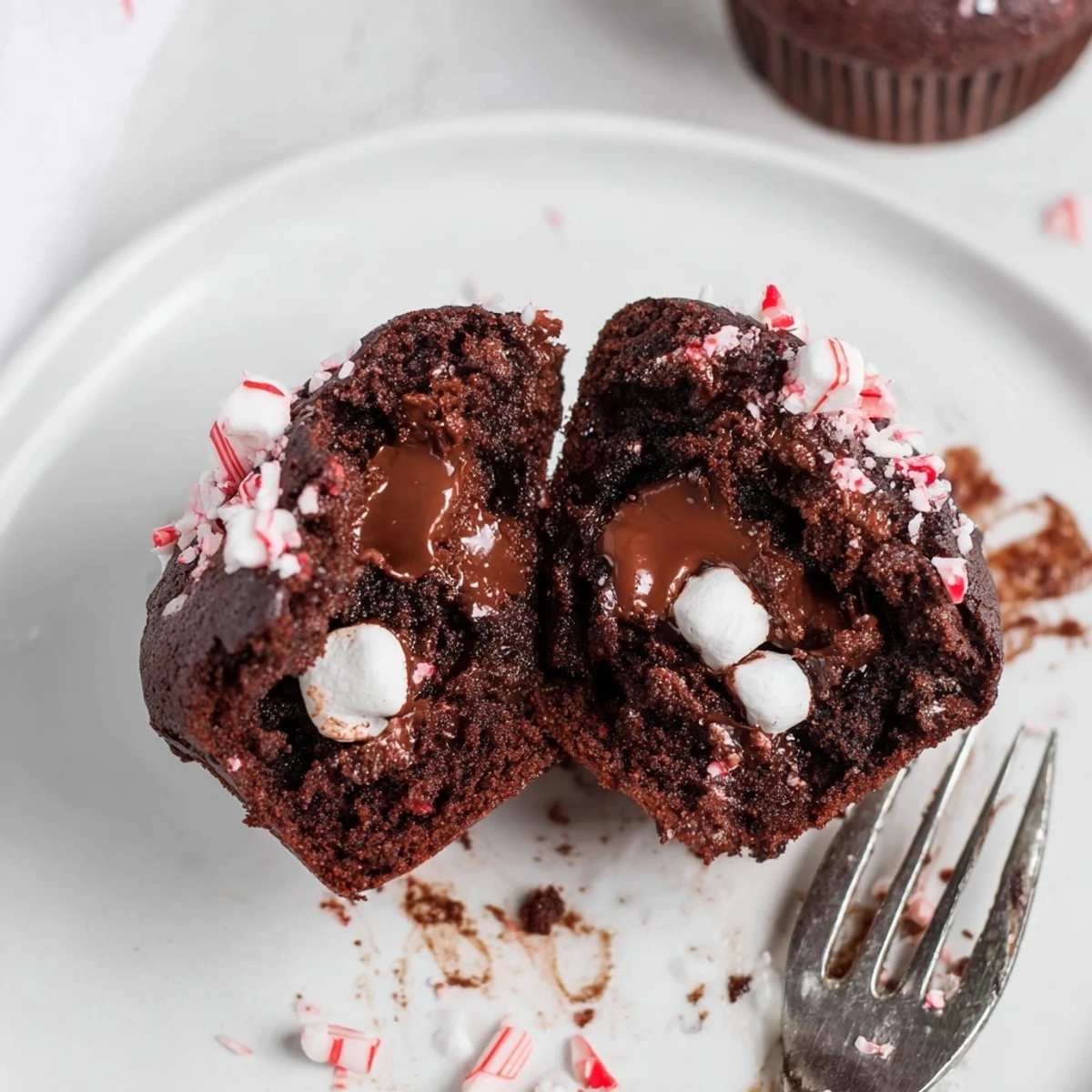 Bite revealing fudgy center in Peppermint Hot Chocolate Muffins next to mug