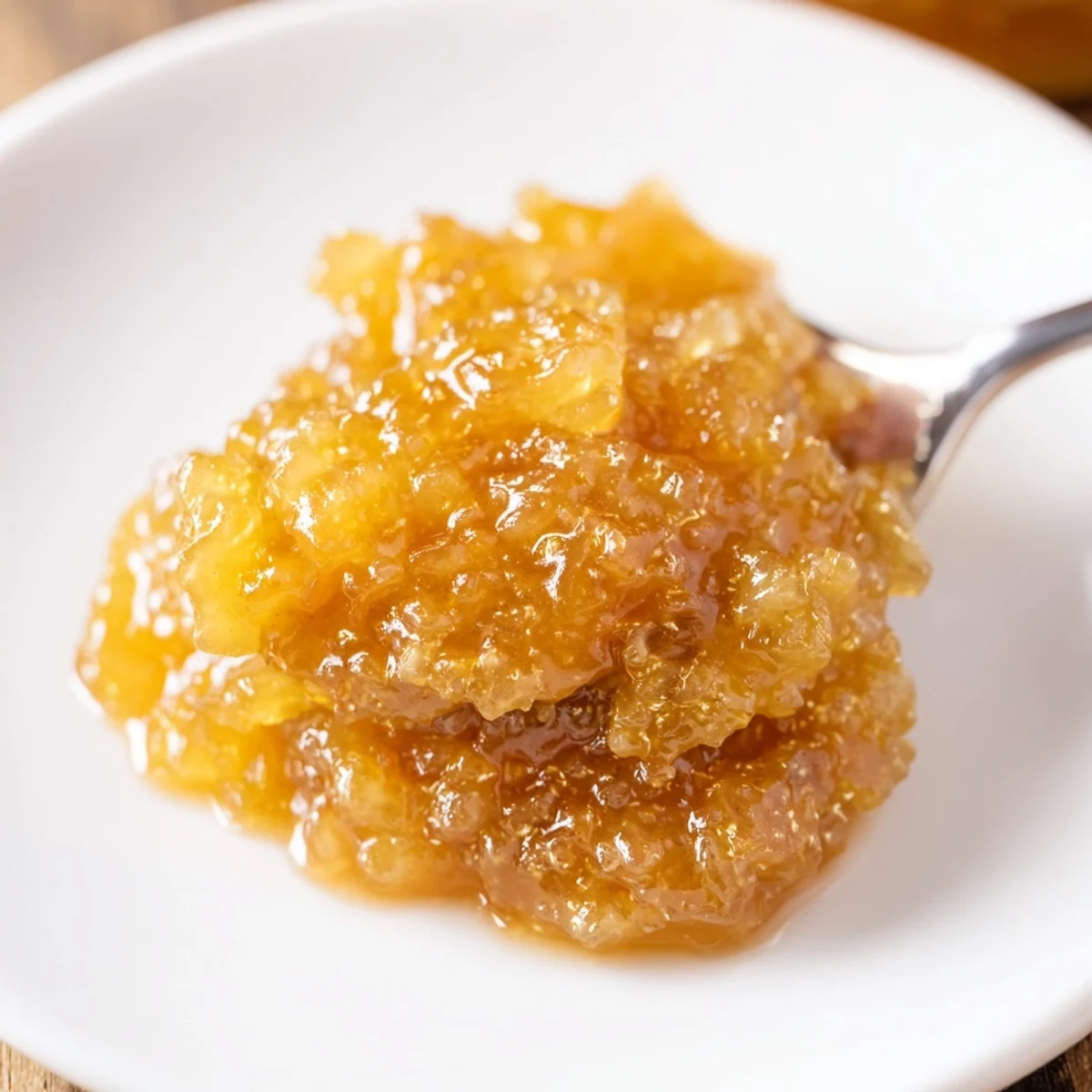 Fall Caramel Apple Jam spread on toast, glossy amber, cinnamon steam rising