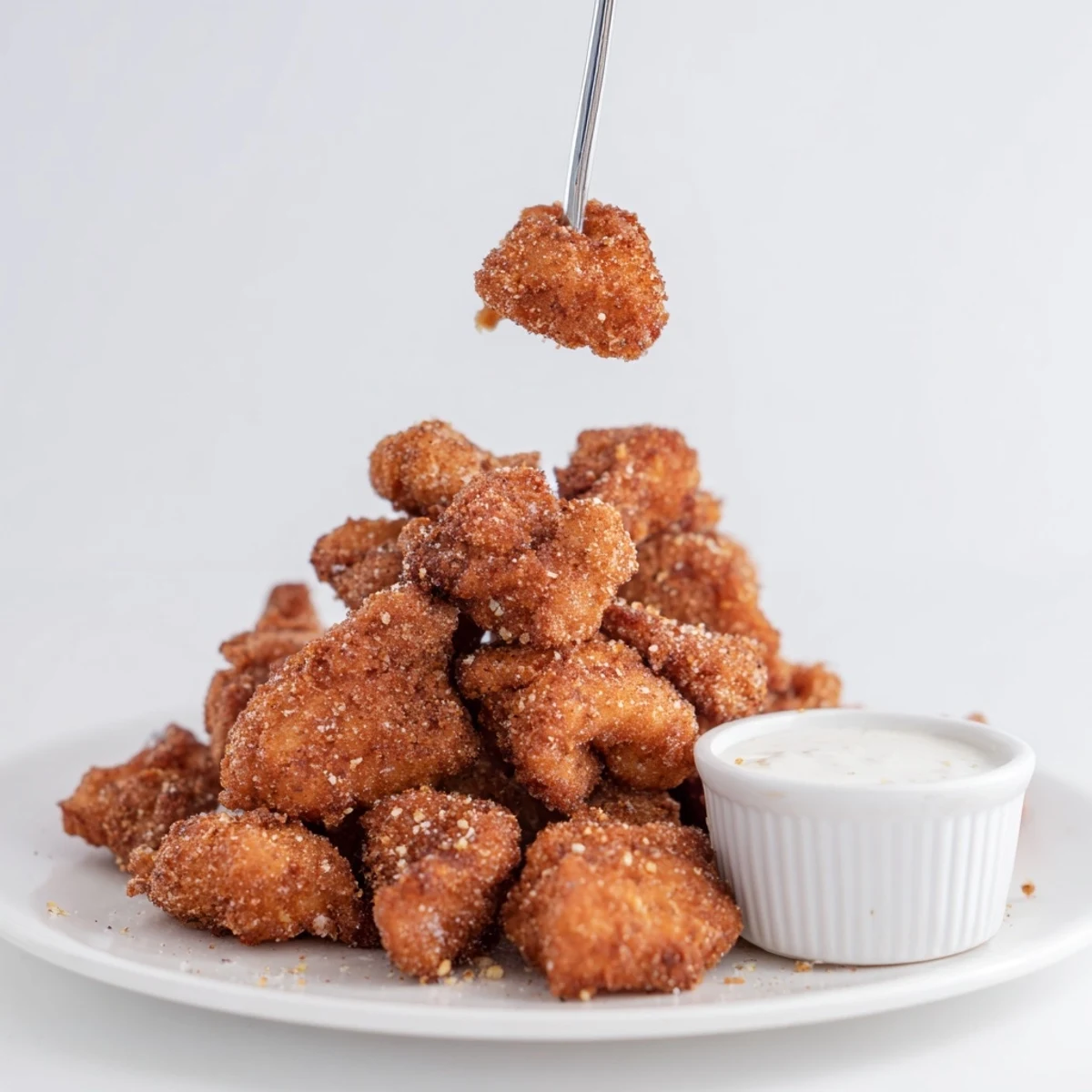 Buttermilk-coated Chicken Bites sizzling in hot oil, ready with tangy ranch.
