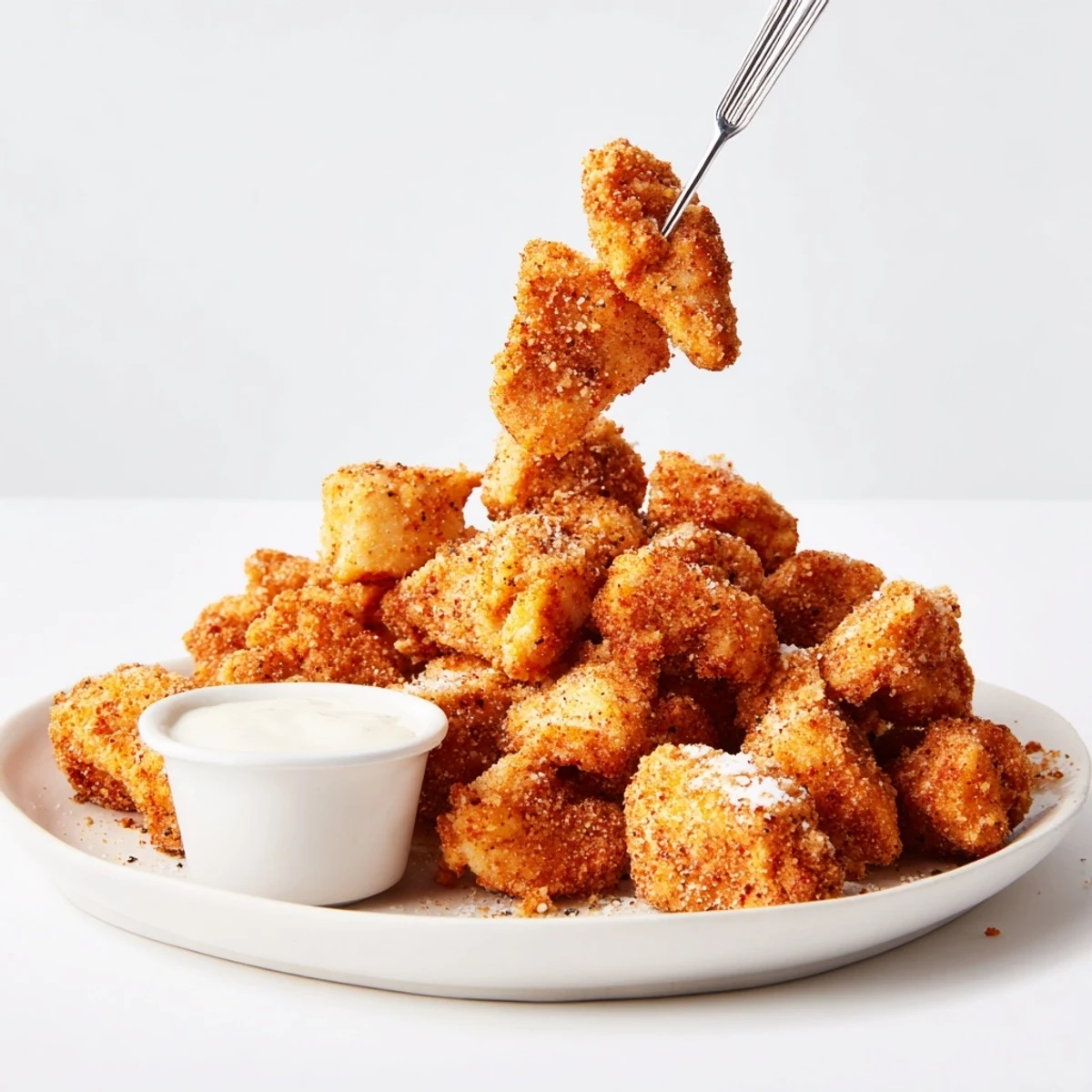 Handheld Chicken Bites glistening with oil, arranged beside honey mustard dip.