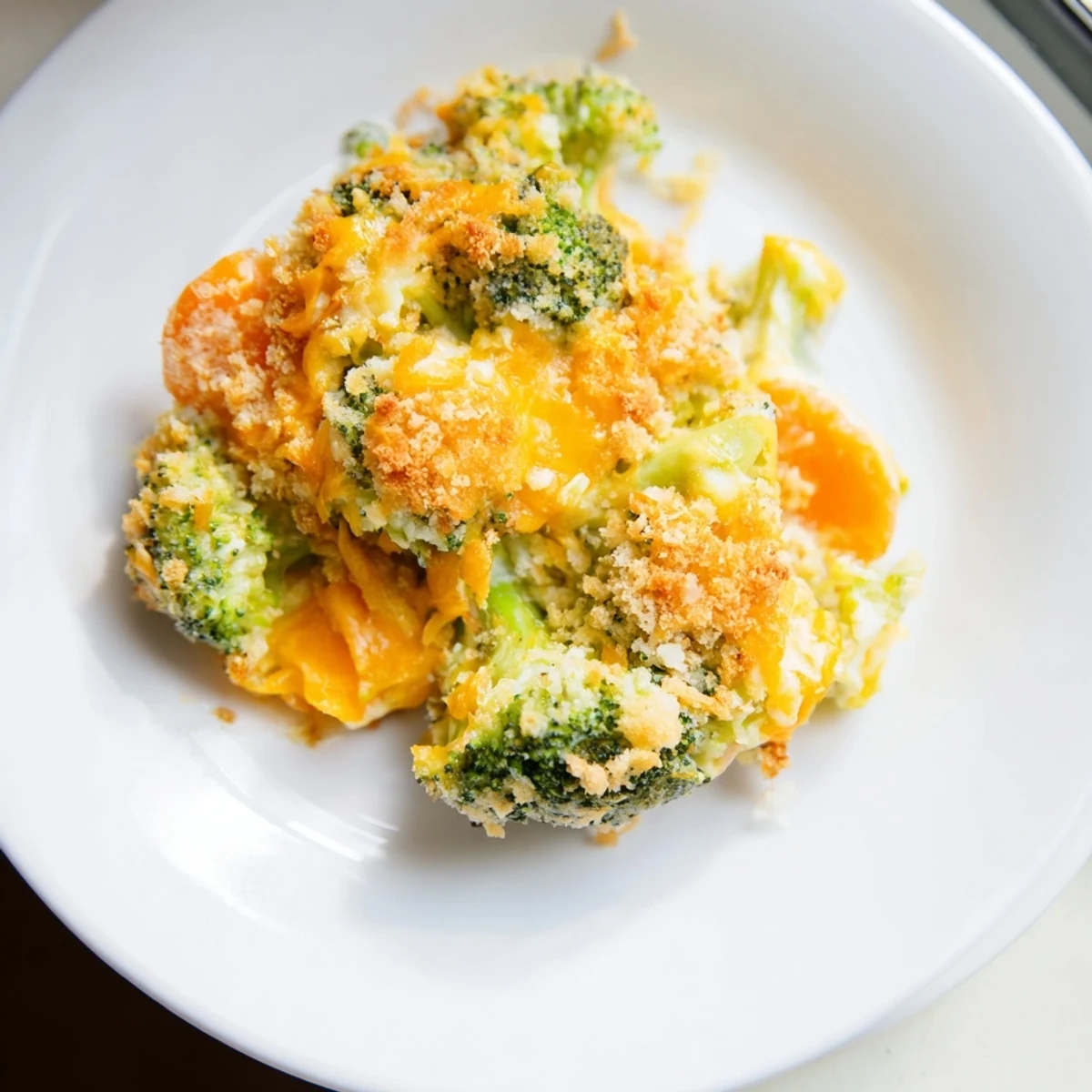 Warm Cheese Bake Broccoli Carrots served in a casserole dish, tender vegetables