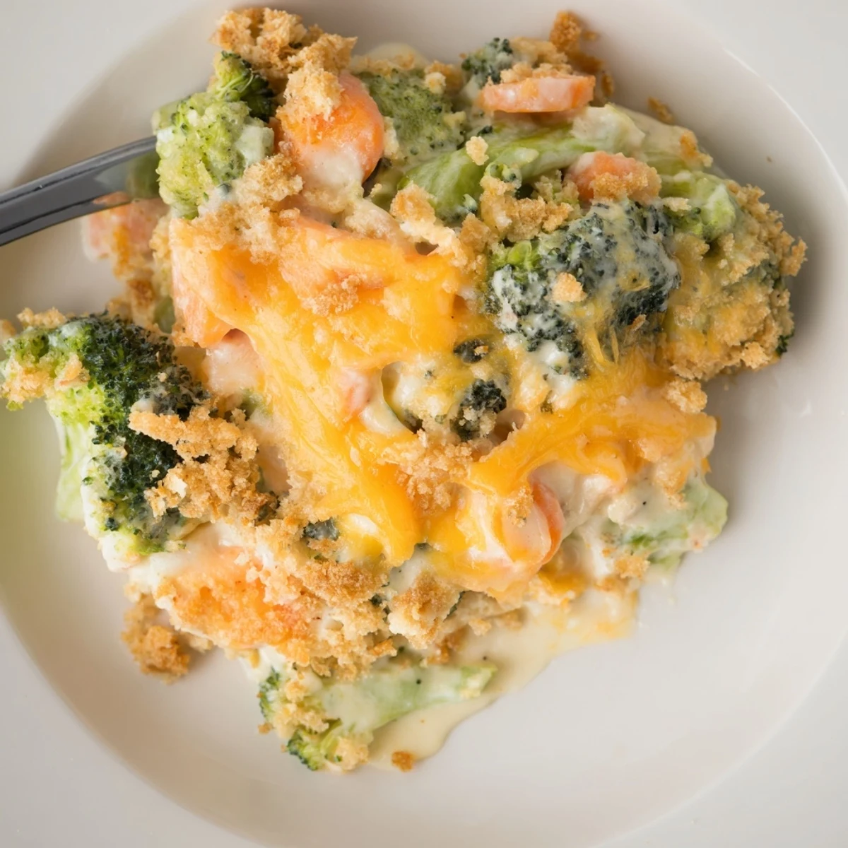 Weeknight Cheese Bake Broccoli Carrots topped with crispy panko, aromatic melted cheese