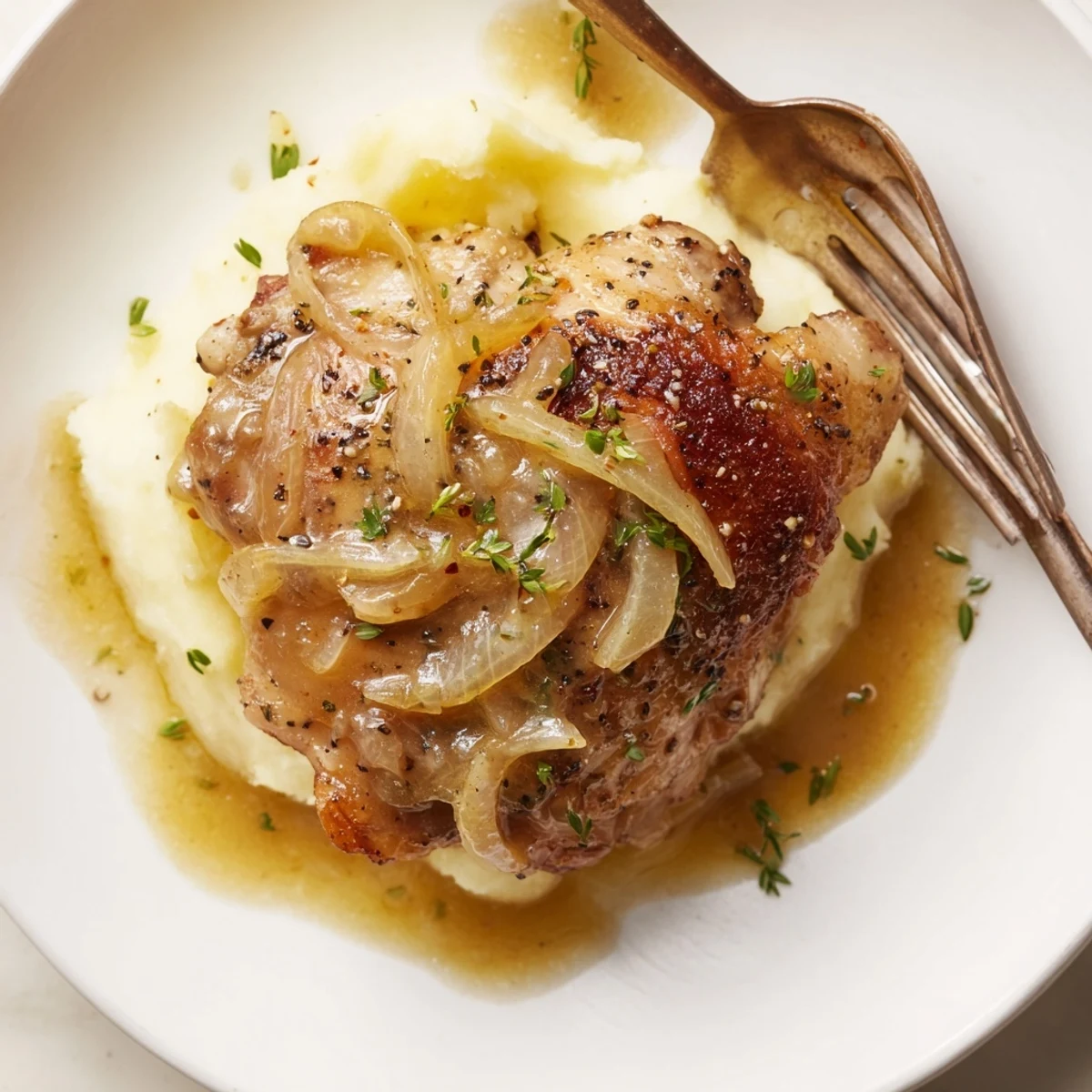 Savory Smothered Chicken Thighs In Rich Gravy Recipe served over creamy mashed potatoes