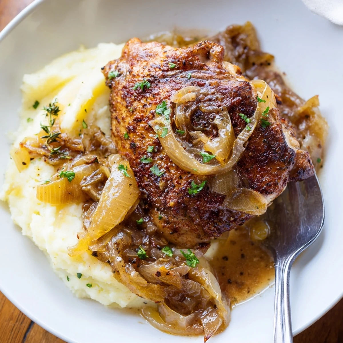 Perfect weeknight Savory Smothered Chicken Thighs In Rich Gravy Recipe with caramelized onions