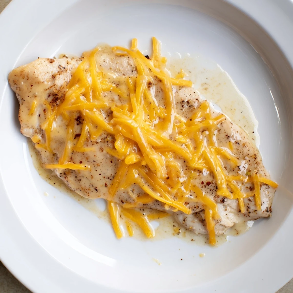 Golden seared Chicken With Cheese Sauce draped in silky melted cheddar, steaming