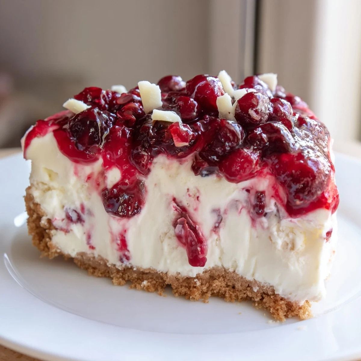 No Bake Cranberry White Chocolate Cheesecake topped with glossy cranberry compote, chilled