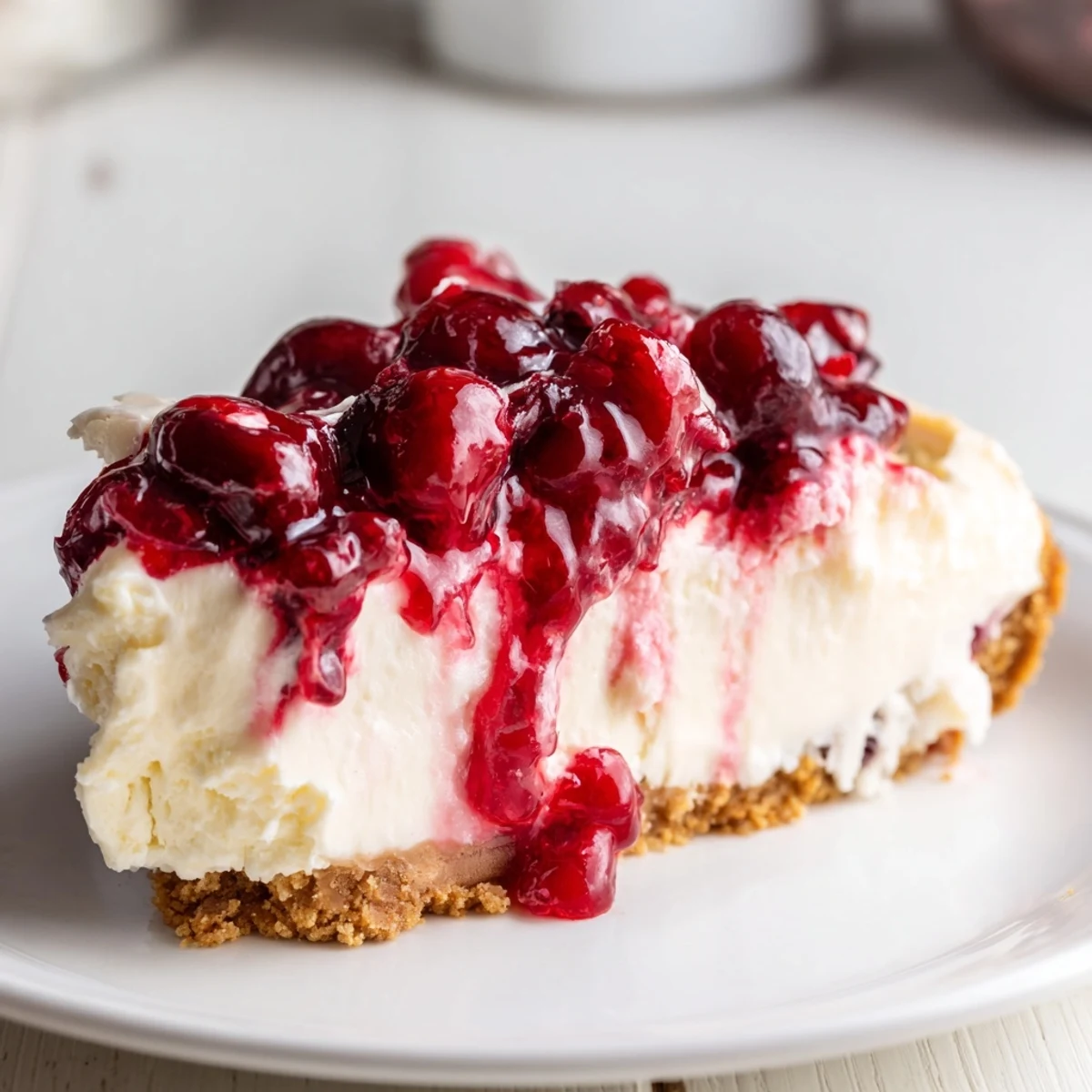 Slice of No Bake Cranberry White Chocolate Cheesecake on plate, creamy texture