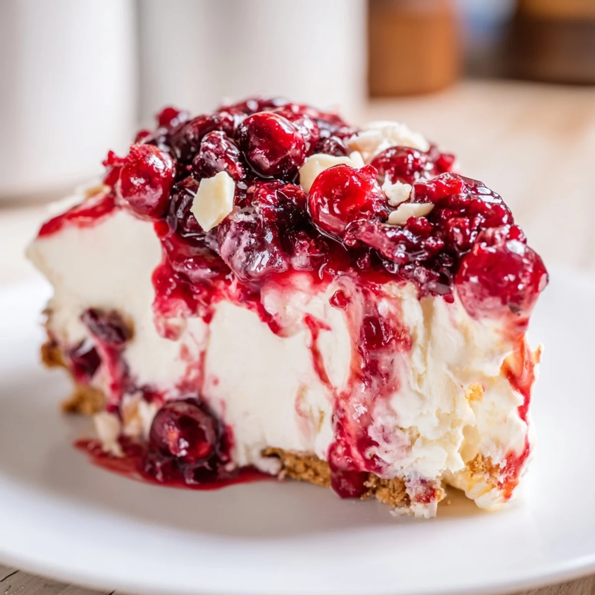 No Bake Cranberry White Chocolate Cheesecake with buttery graham crust and white chocolate shavings