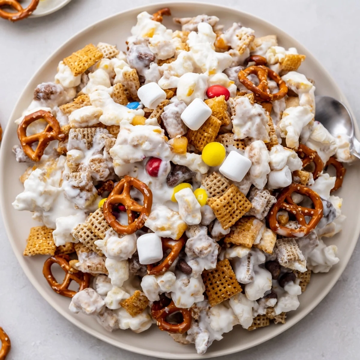 White Trash Snack Mix glistening with white chocolate, crunchy, sweet-salty party treat