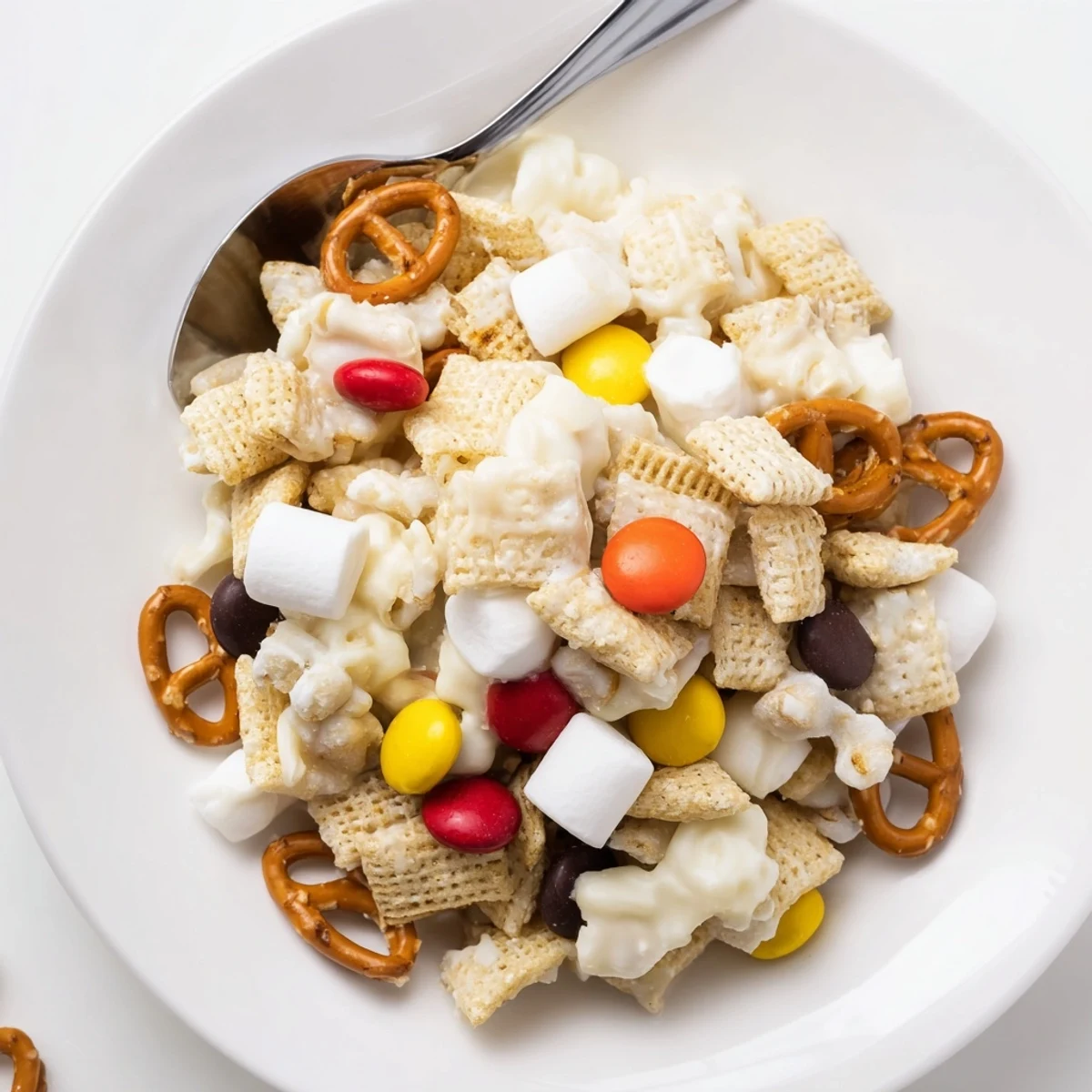 Bowl of White Trash Snack Mix showing cereal, pretzels, peanuts, colorful candies