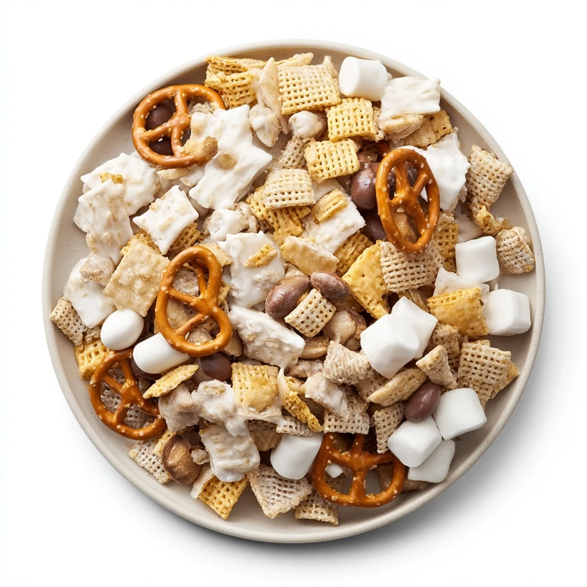 Warmly coated White Trash Snack Mix cooling on parchment, ready to break