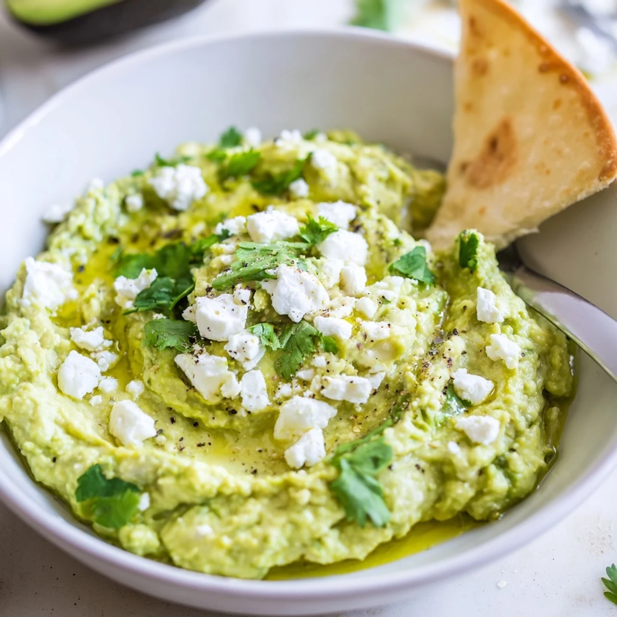 Creamy Avocado Feta Dip in bowl, silky texture, olive oil drizzle