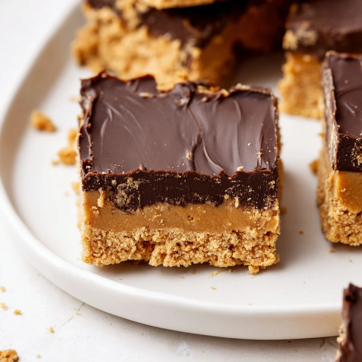 No Bake Peanut Butter Bars on parchment, glossy chocolate, chilled and sliced