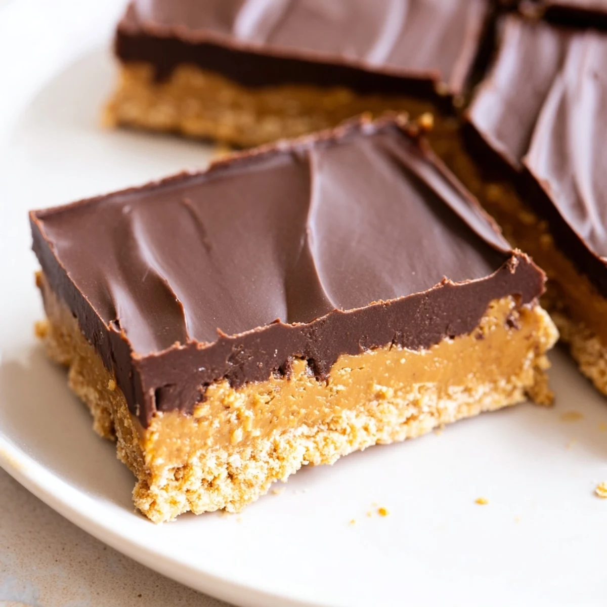 Stacked No Bake Peanut Butter Bars showing creamy peanut center and sheen