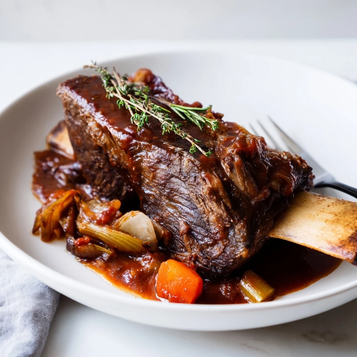 Slow Cooker Beef Short Ribs simmering in glossy sauce with carrots and thyme