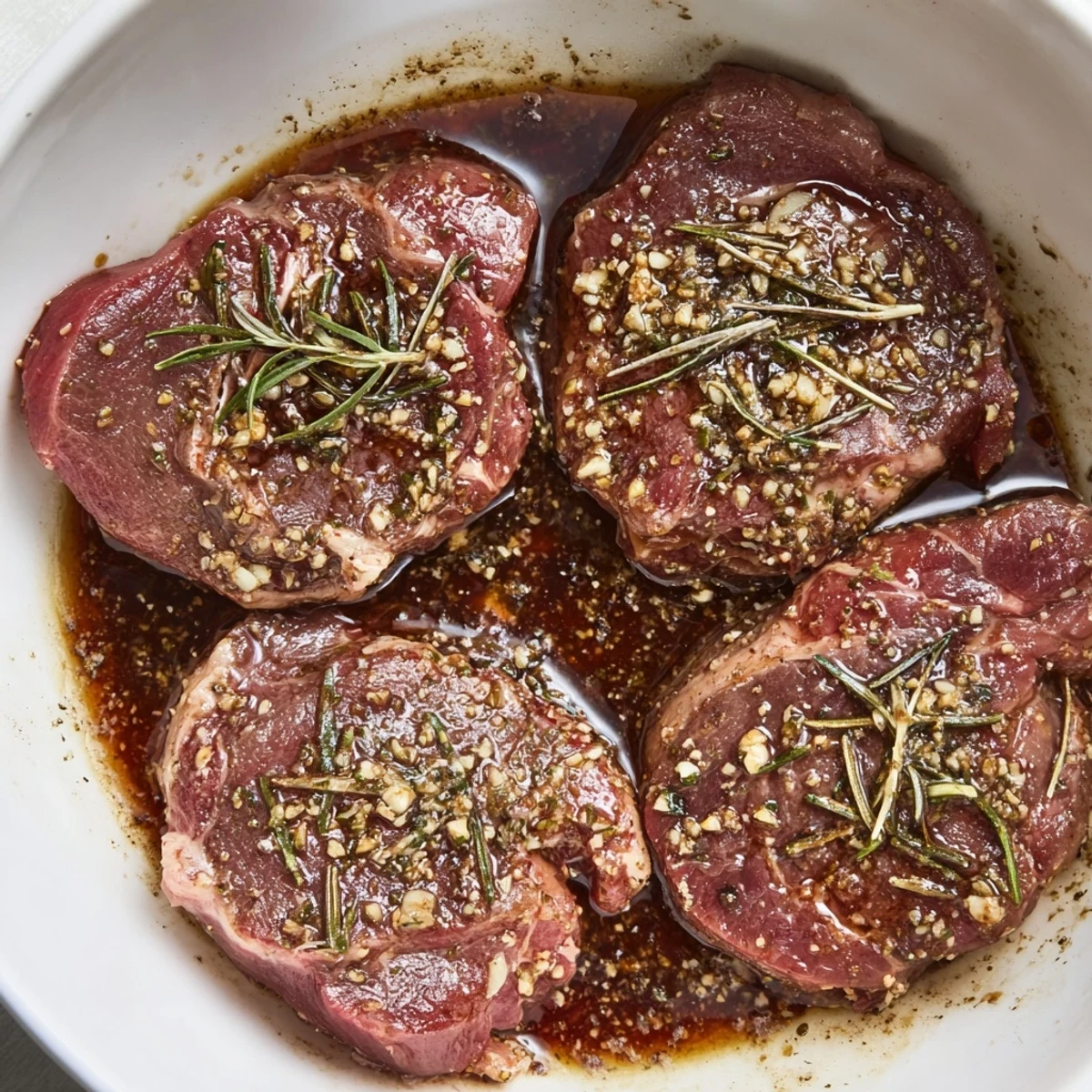 Glistening steak marinated overnight in Steak Marinade, garlic scent ready to grill.