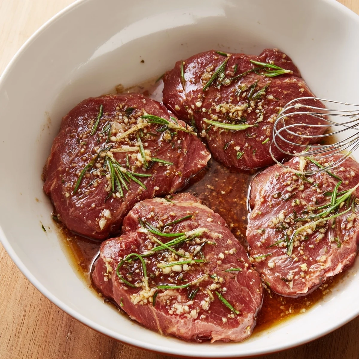 Steak Marinade soaked into flank, tangy-sweet scent promising tender, grill-ready steak.