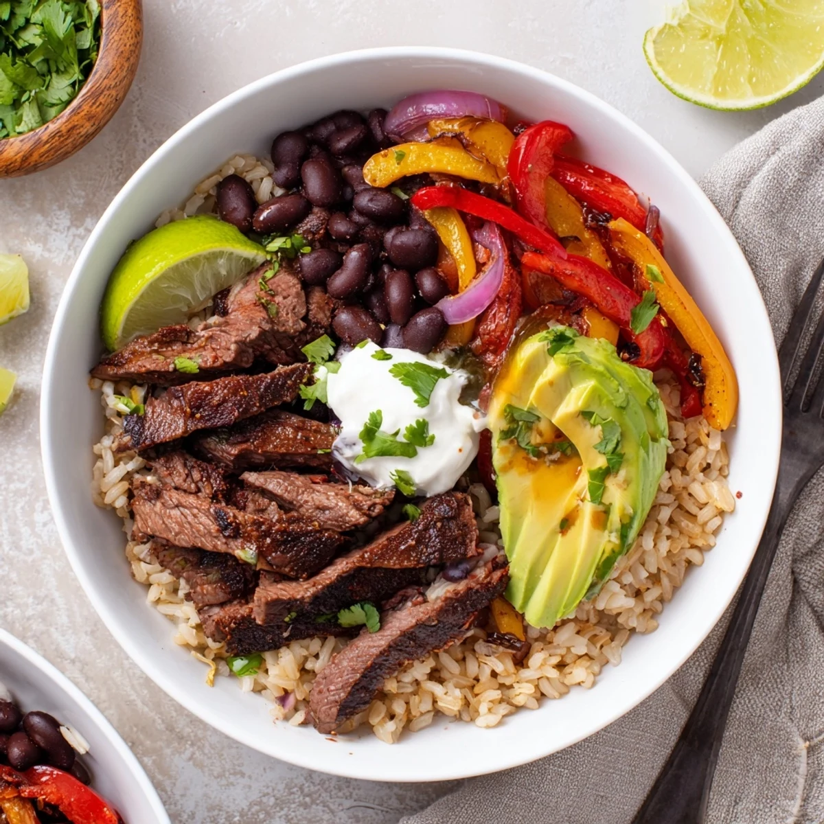 Steak Fajita Power Bowls with sizzling marinated steak, peppers, creamy avocado  