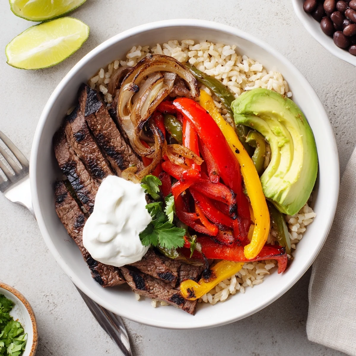 Hearty Steak Fajita Power Bowls served hot with cilantro, tangy Greek yogurt