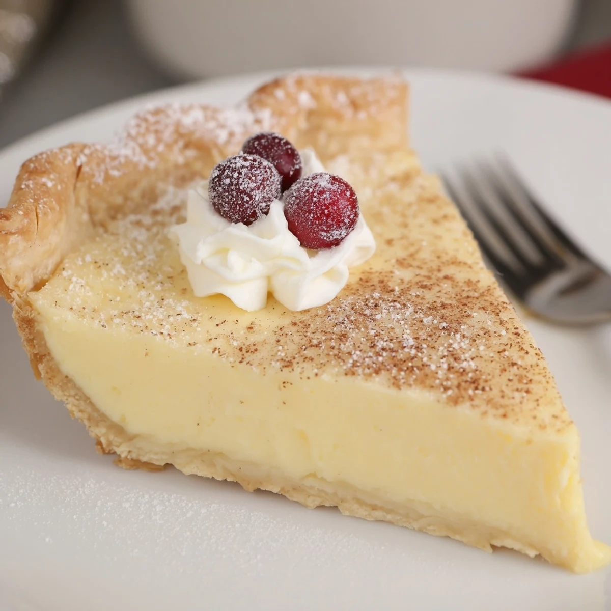 Sliced Christmas Eve Custard Pie With Cinnamon Vanilla, warm silky filling and golden crust.